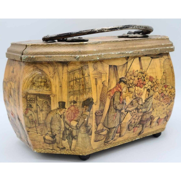 Vtg 1970s Artist Anton Pieck European Decoupage Wooden Box Red Velvet Lining - Picture 10 of 16